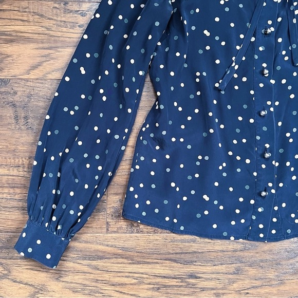 Kate Spade • Lynette Blouse silk polka dot navy blue ruffle collar bow tie neck - Picture 8 of 14